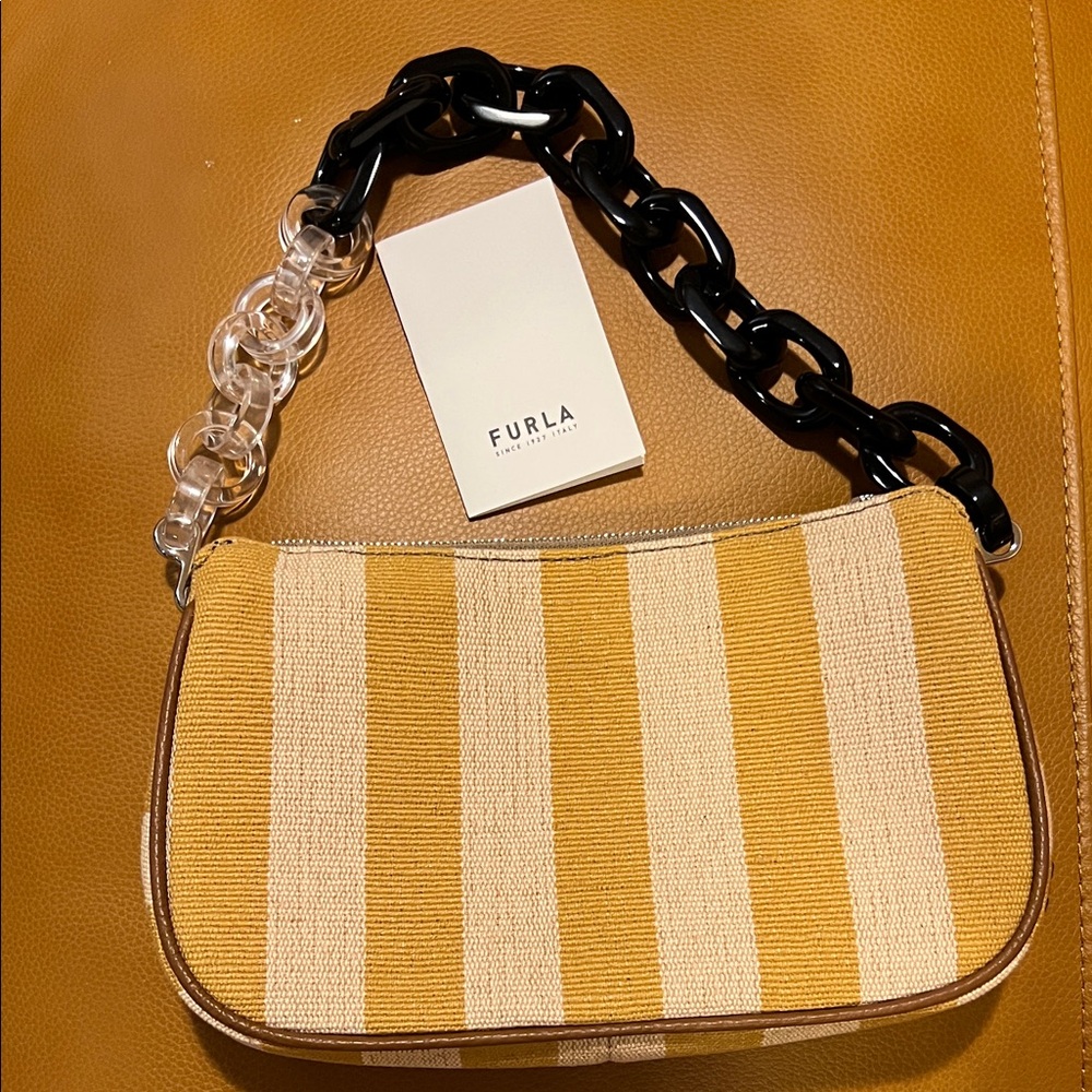 Furla Mustard and Beige Striped Shoulder Bag